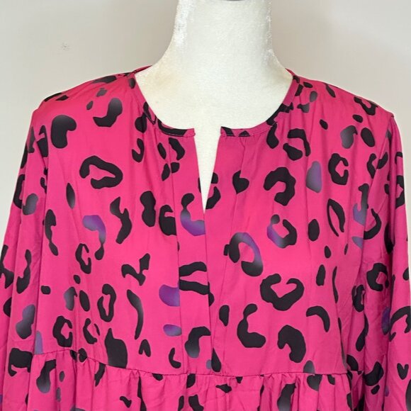 Pink Leopard Maxi Dress XL Long Sleeve Tiered Flowing Boho Style Office Work - Picture 2 of 16